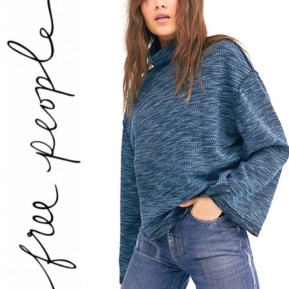 Free People Sunny Days Knit Turtleneck Oversized Sweater Blue Medium - Picture 10 of 11